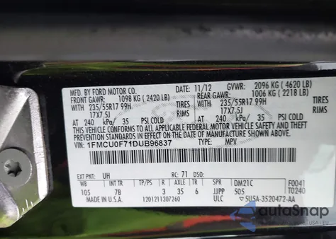 2013 Ford Escape S из США, поврежденный, VIN 1FMCU0F71DUB96837